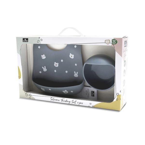 LORELLI Set de hranire din silicon natural contine bol cu vacuum si baveta 6 luni+ Grey