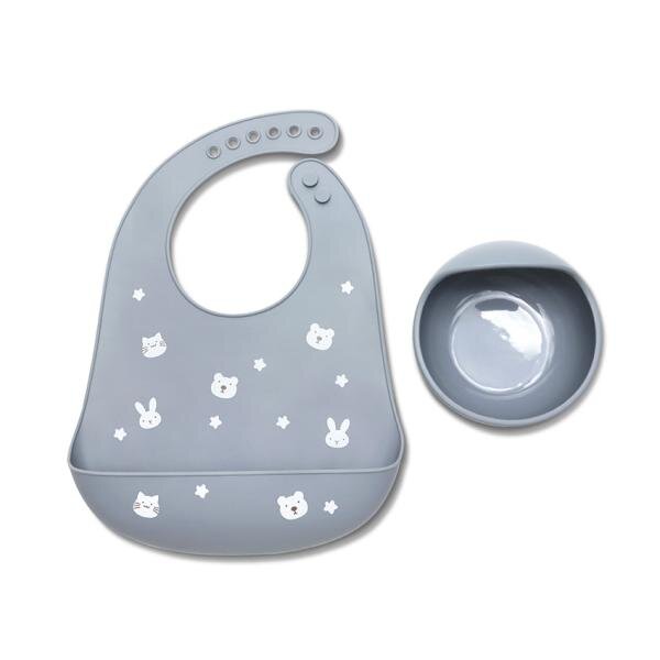 LORELLI Set de hranire din silicon natural contine bol cu vacuum si baveta 6 luni+ Grey