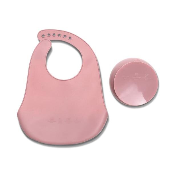 LORELLI Set de hranire din silicon natural contine bol cu vacuum si baveta 6 luni+ Pink