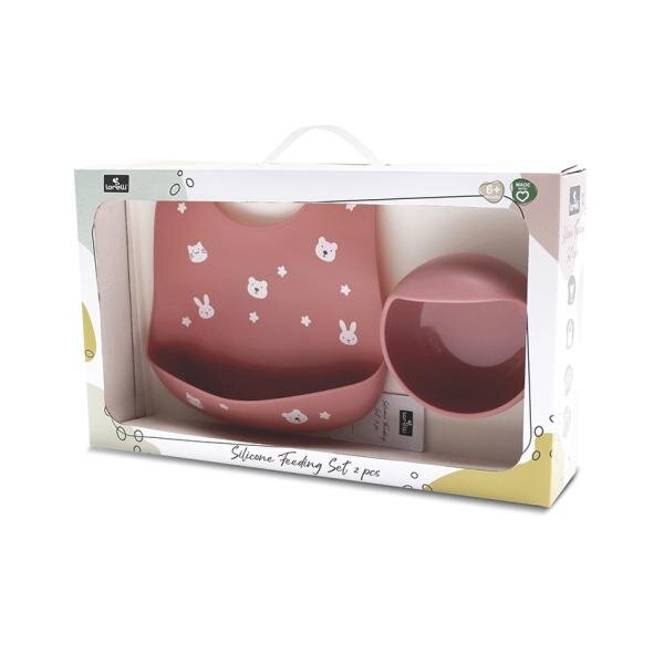LORELLI Set de hranire din silicon natural contine bol cu vacuum si baveta 6 luni+ Pink