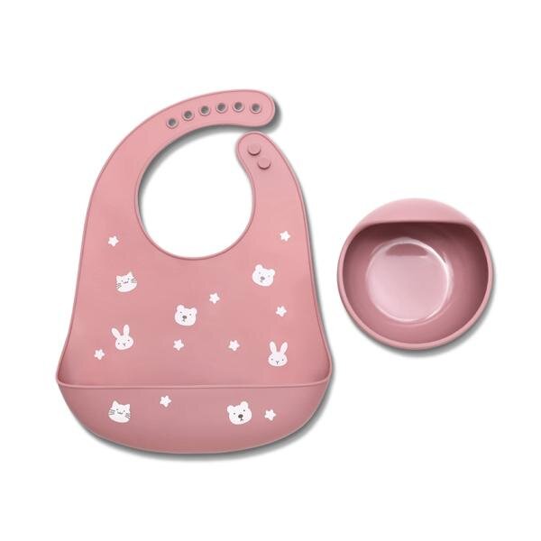 LORELLI Set de hranire din silicon natural contine bol cu vacuum si baveta 6 luni+ Pink