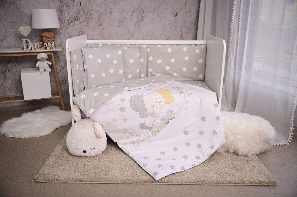 LORELLI Set lenjerie pat Smile bumbac ranforce Elephant Grey Stars 60 x 120 cm
