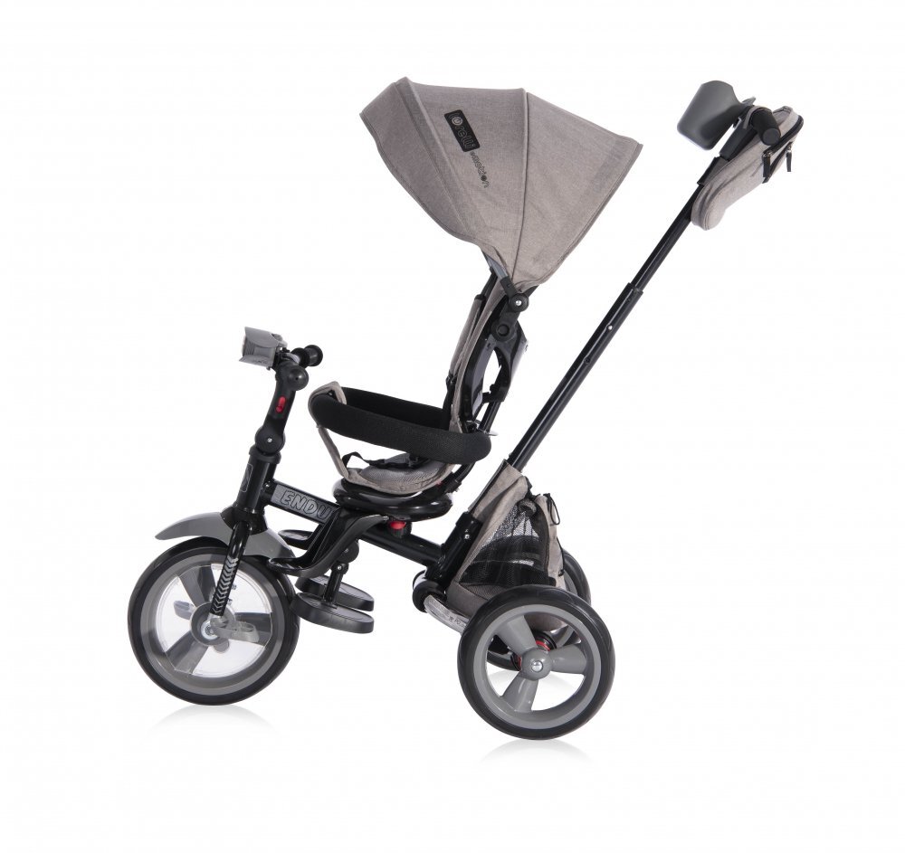 LORELLI Tricicleta pentru copii Enduro Grey Luxe 4 in 1 multifunctionala scaun rotativ cu 2 tipuri de suport pentru picioare roti mari silentioase spatar reglabil pe 2 pozitii si cosulet textil