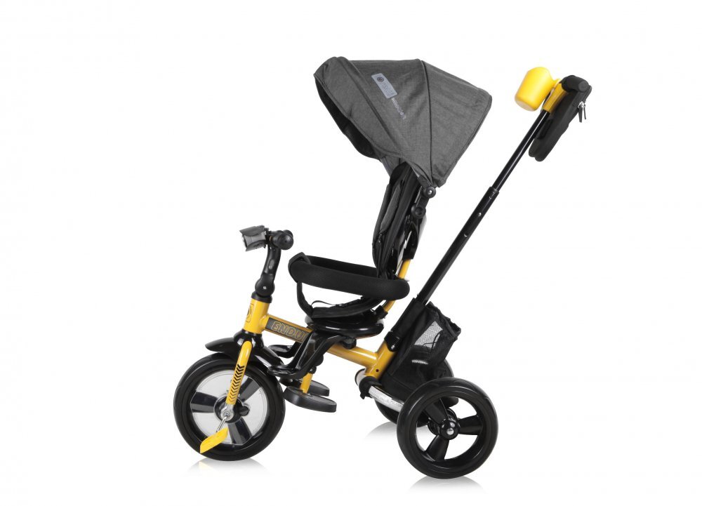 LORELLI Tricicleta pentru copii Enduro Yellow Black 4 in 1 multifunctionala scaun rotativ cu 2 tipuri de suport pentru picioare roti mari silentioase spatar reglabil pe 2 pozitii si cosulet textilanuleaza parinte
