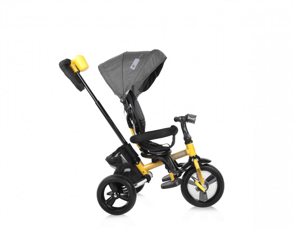 LORELLI Tricicleta pentru copii Enduro Yellow Black 4 in 1 multifunctionala scaun rotativ cu 2 tipuri de suport pentru picioare roti mari silentioase spatar reglabil pe 2 pozitii si cosulet textilanuleaza parinte