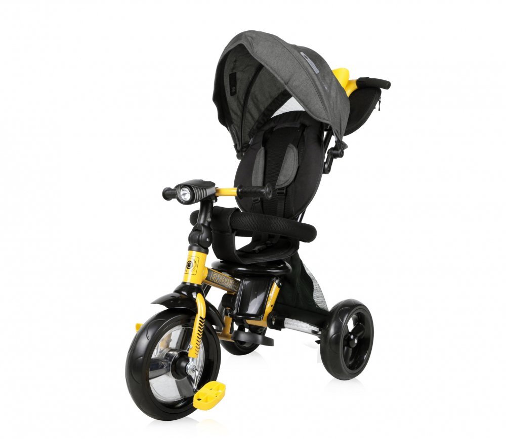 LORELLI Tricicleta pentru copii Enduro Yellow Black 4 in 1 multifunctionala scaun rotativ cu 2 tipuri de suport pentru picioare roti mari silentioase spatar reglabil pe 2 pozitii si cosulet textilanuleaza parinte