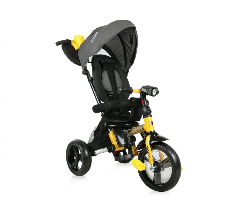 LORELLI Tricicleta pentru copii Enduro Yellow Black 4 in 1 multifunctionala scaun rotativ cu 2 tipuri de suport pentru picioare roti mari silentioase spatar reglabil pe 2 pozitii si cosulet textilanuleaza parinte
