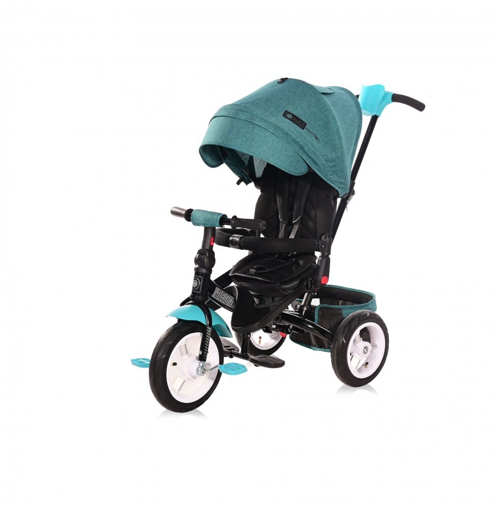 LORELLI Tricicleta pentru copii Jaguar Air Green Luxe 4 in 1 multifunctionala cu maner cu control parental scaun rotativ spatar reglabil pe 2 pozitii roti mari silentioase din cauciuc cu camera