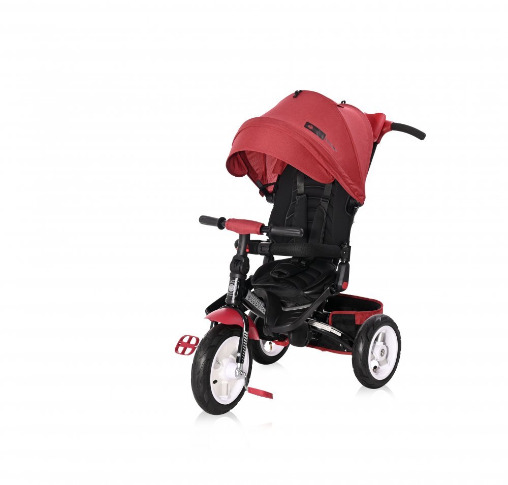 LORELLI Tricicleta pentru copii Jaguar Air Wheels Red Black 4 in 1 multifunctionala cu maner cu control parental scaun rotativ spatar reglabil pe 2 pozitii roti mari silentioase din cauciuc cu camera