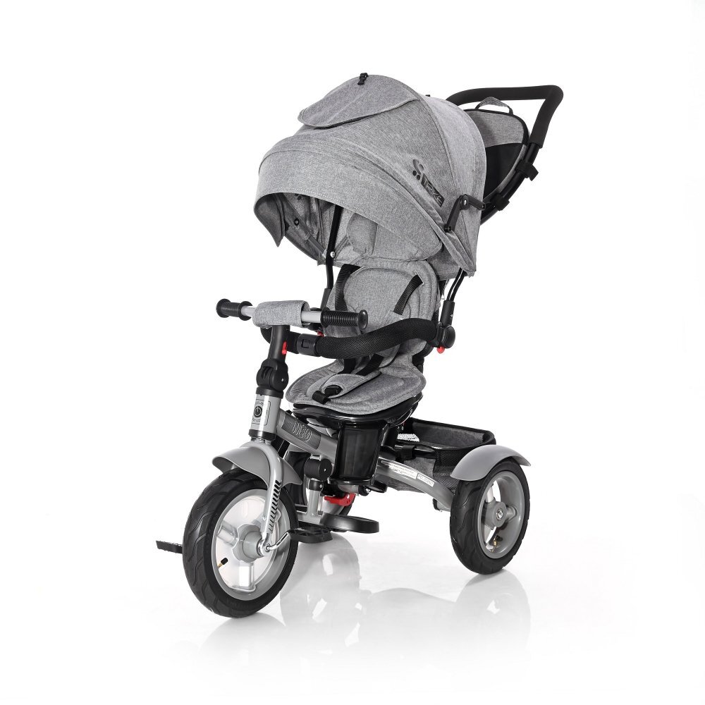 LORELLI Tricicleta pentru copii Neo Air Grey Luxe 4 in 1 multifunctionala roti mari gonflabile spatar inalt reglabil sezut rotativ 2 tipuri de suport pentru picioare si dispozitiv de franare