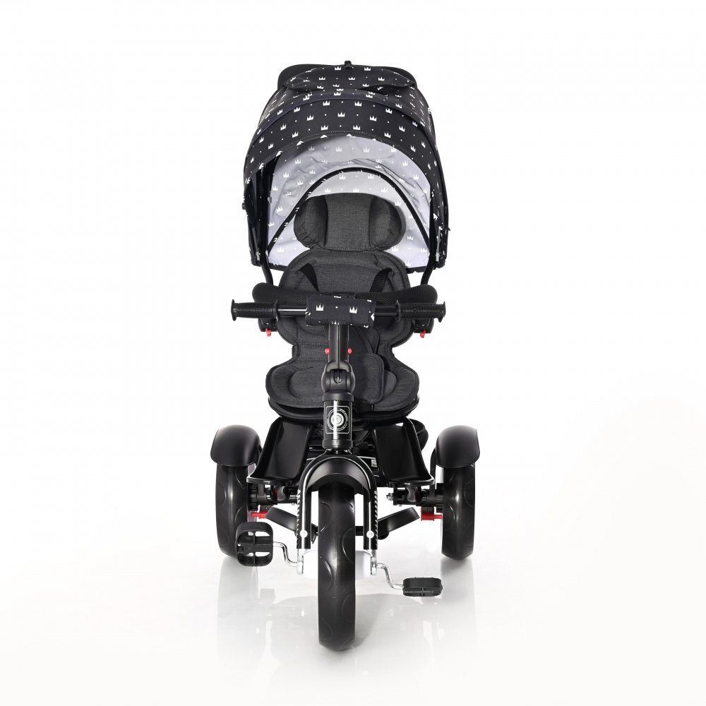 LORELLI Tricicleta pentru copii Neo Black Crowns 4 in 1 multifunctionala control al directiei scaun rotativ spatar inalt reglabil cosulet textil si 2 tipuri de suport pentru picioare