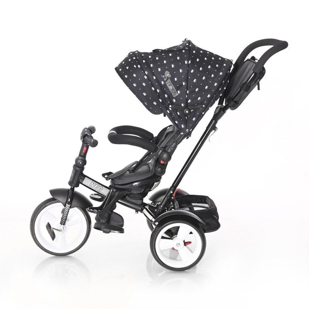 LORELLI Tricicleta pentru copii Neo Black Crowns 4 in 1 multifunctionala control al directiei scaun rotativ spatar inalt reglabil cosulet textil si 2 tipuri de suport pentru picioare