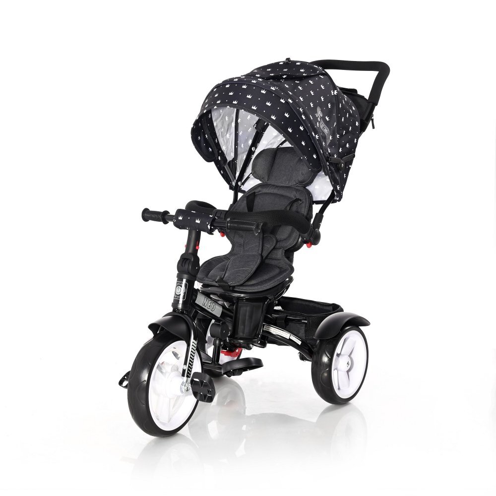 LORELLI Tricicleta pentru copii Neo Black Crowns 4 in 1 multifunctionala control al directiei scaun rotativ spatar inalt reglabil cosulet textil si 2 tipuri de suport pentru picioare