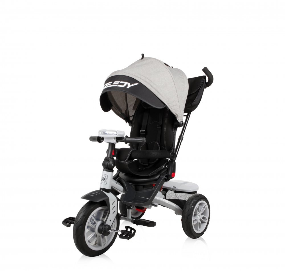 LORELLI Tricicleta pentru copii Speedy Air GreyBlack multifunctionala 4 in 1 scaun rotativ spatar inalt reglabil pe 3 pozitii maner cu control parental 2 tipuri de suport pentru picioare