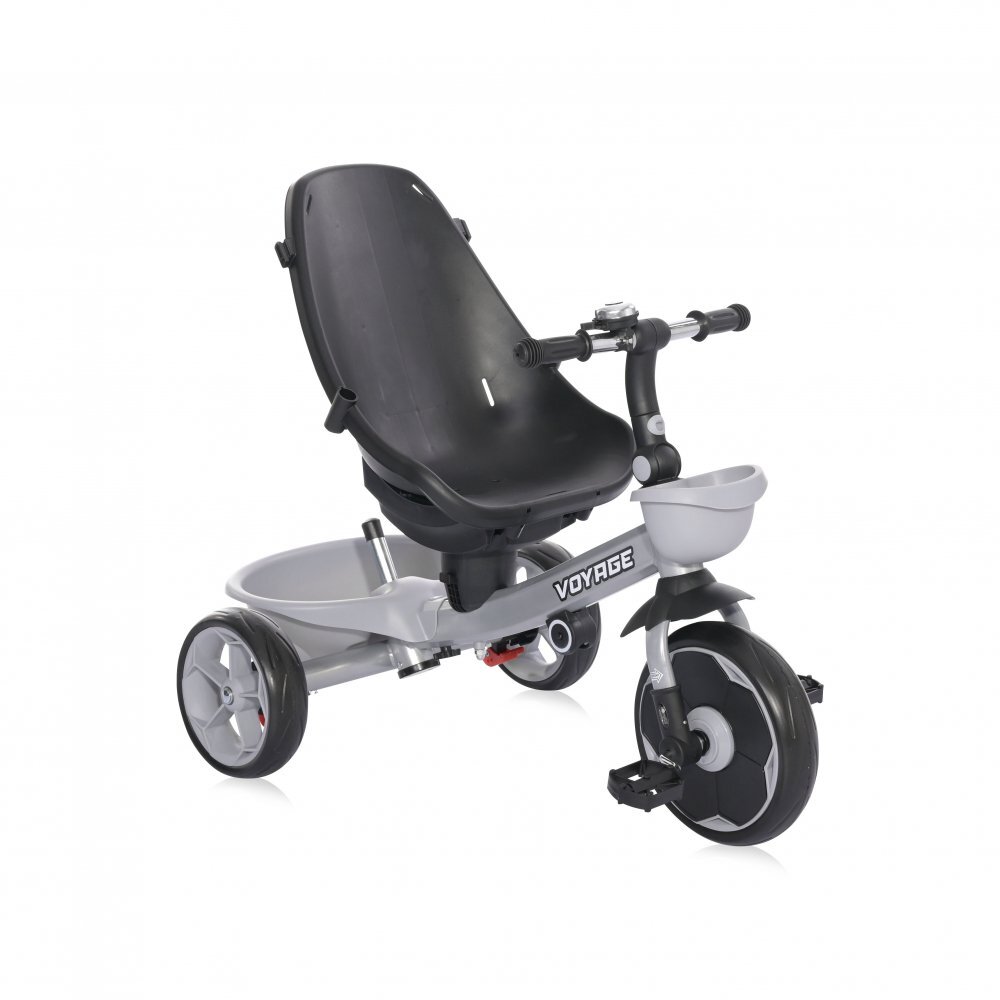 LORELLI Tricicleta pentru copii Voyage Grey cu sezut reversibil spatar reglabil pe 2 pozitii maner cu control al directiei cosulet pentru accesorii 2 tipuri de suporti pentru picioare si roti mari din cauciuc Eva