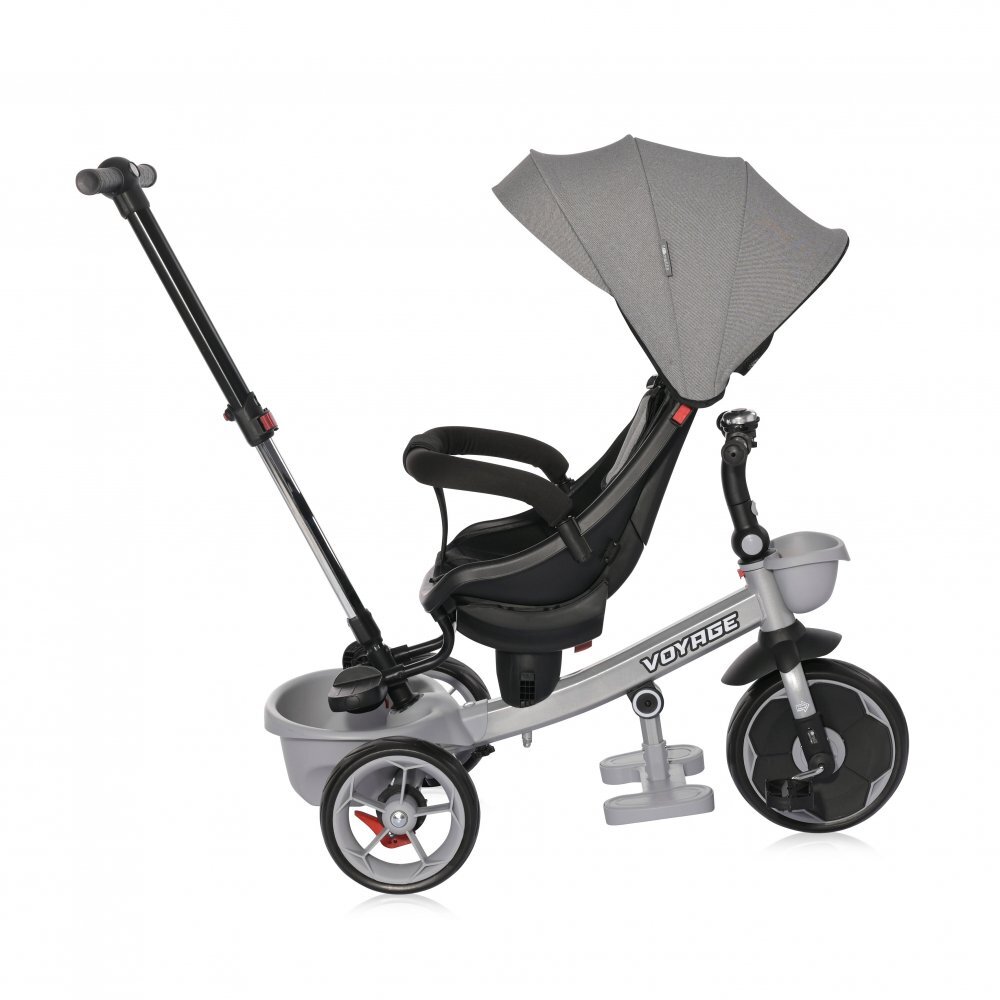 LORELLI Tricicleta pentru copii Voyage Grey cu sezut reversibil spatar reglabil pe 2 pozitii maner cu control al directiei cosulet pentru accesorii 2 tipuri de suporti pentru picioare si roti mari din cauciuc Eva