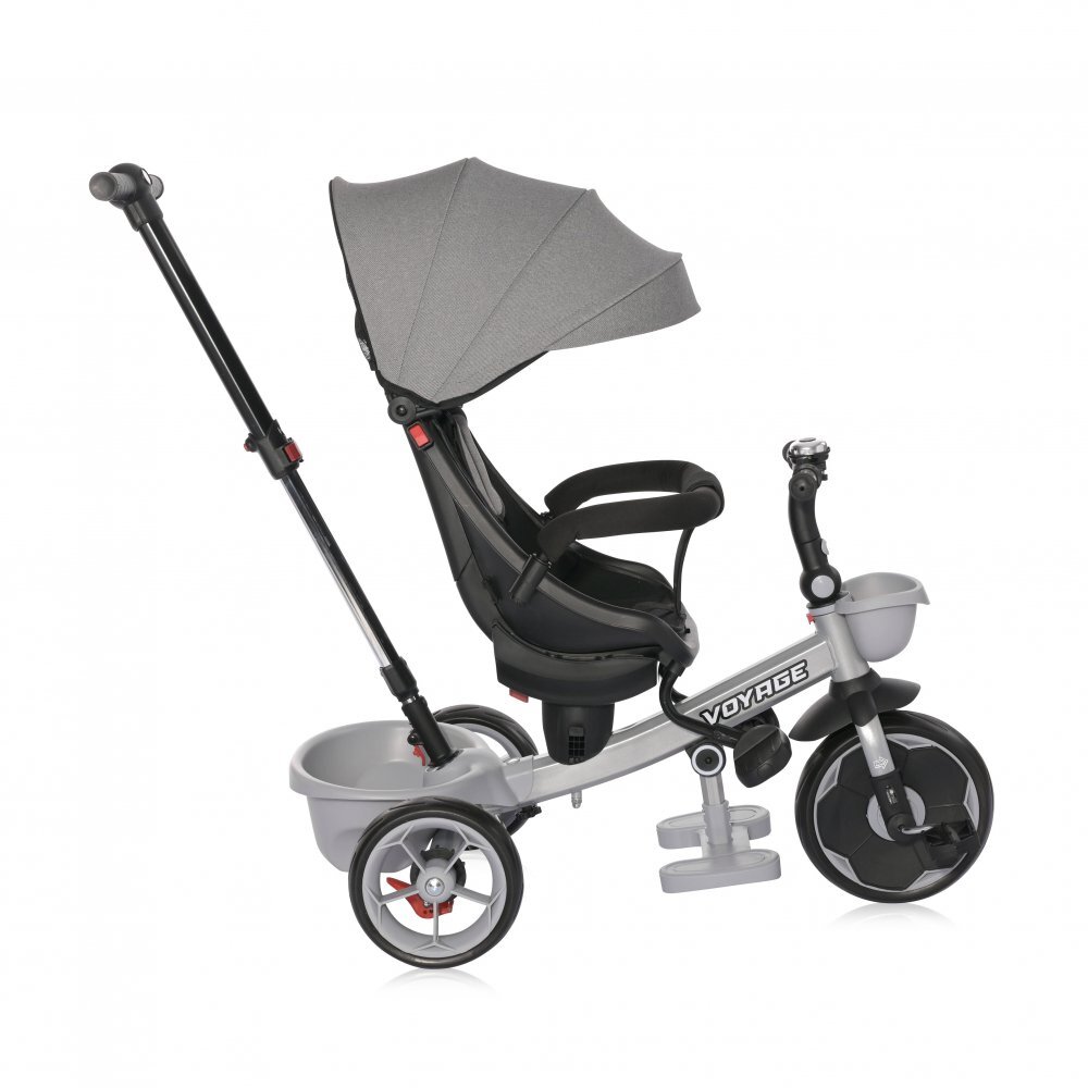 LORELLI Tricicleta pentru copii Voyage Grey cu sezut reversibil spatar reglabil pe 2 pozitii maner cu control al directiei cosulet pentru accesorii 2 tipuri de suporti pentru picioare si roti mari din cauciuc Eva