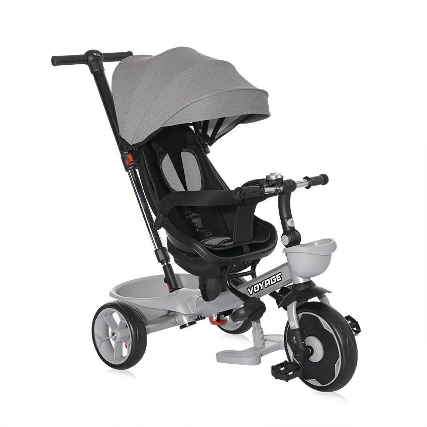 LORELLI Tricicleta pentru copii Voyage Grey cu sezut reversibil spatar reglabil pe 2 pozitii maner cu control al directiei cosulet pentru accesorii 2 tipuri de suporti pentru picioare si roti mari din cauciuc Eva