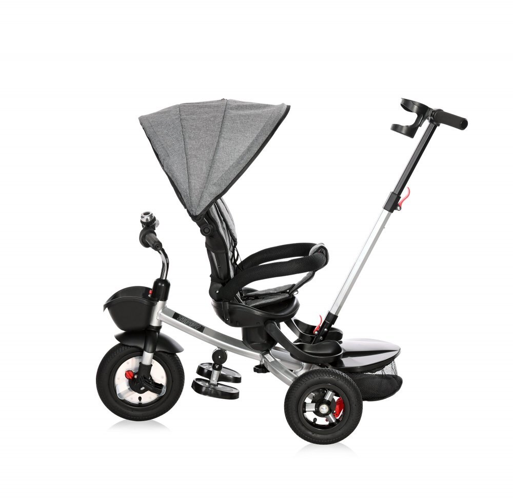 LORELLI Tricicleta pentru copii Zippy Air Graphite control parental 12-36 luni cu scaun reversibil rotire 360 grade spatar reglabil pe multiple pozitii roti din cauciuc cu camera si 2 tipuri de suport pentru picioare