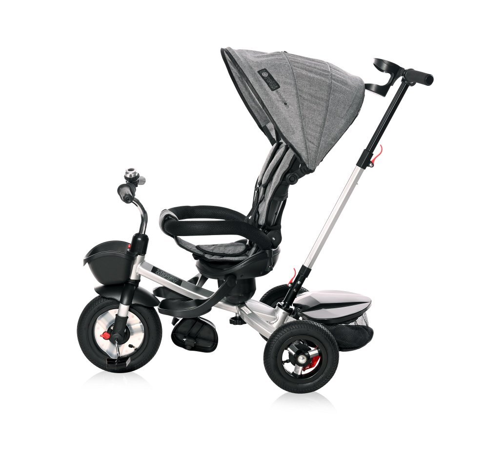 LORELLI Tricicleta pentru copii Zippy Air Graphite control parental 12-36 luni cu scaun reversibil rotire 360 grade spatar reglabil pe multiple pozitii roti din cauciuc cu camera si 2 tipuri de suport pentru picioare
