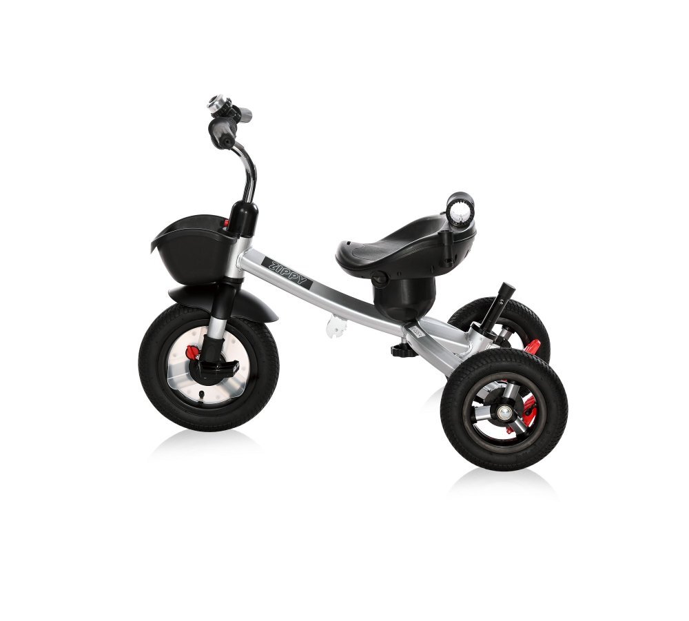 LORELLI Tricicleta pentru copii Zippy Air Graphite control parental 12-36 luni cu scaun reversibil rotire 360 grade spatar reglabil pe multiple pozitii roti din cauciuc cu camera si 2 tipuri de suport pentru picioare