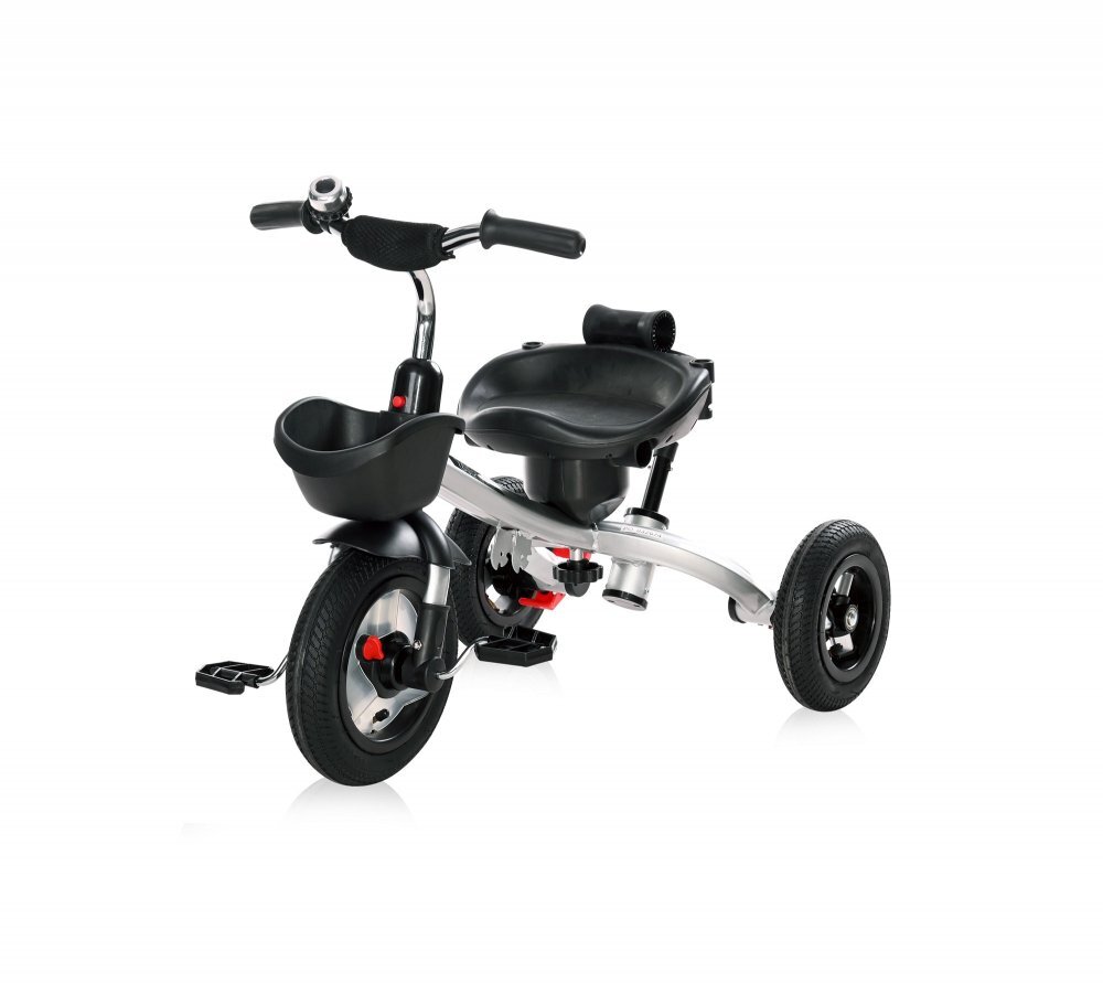 LORELLI Tricicleta pentru copii Zippy Air Graphite control parental 12-36 luni cu scaun reversibil rotire 360 grade spatar reglabil pe multiple pozitii roti din cauciuc cu camera si 2 tipuri de suport pentru picioare
