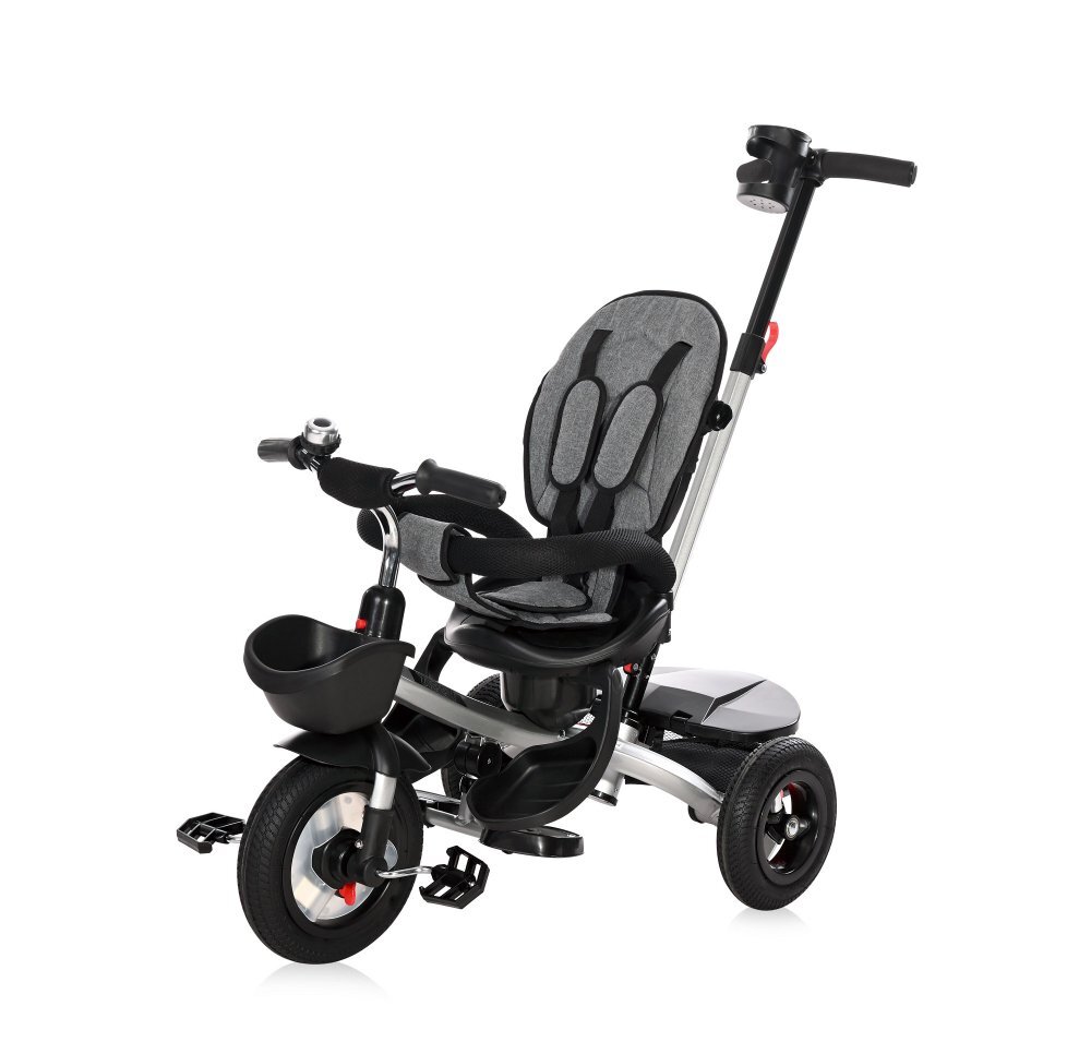 LORELLI Tricicleta pentru copii Zippy Air Graphite control parental 12-36 luni cu scaun reversibil rotire 360 grade spatar reglabil pe multiple pozitii roti din cauciuc cu camera si 2 tipuri de suport pentru picioare