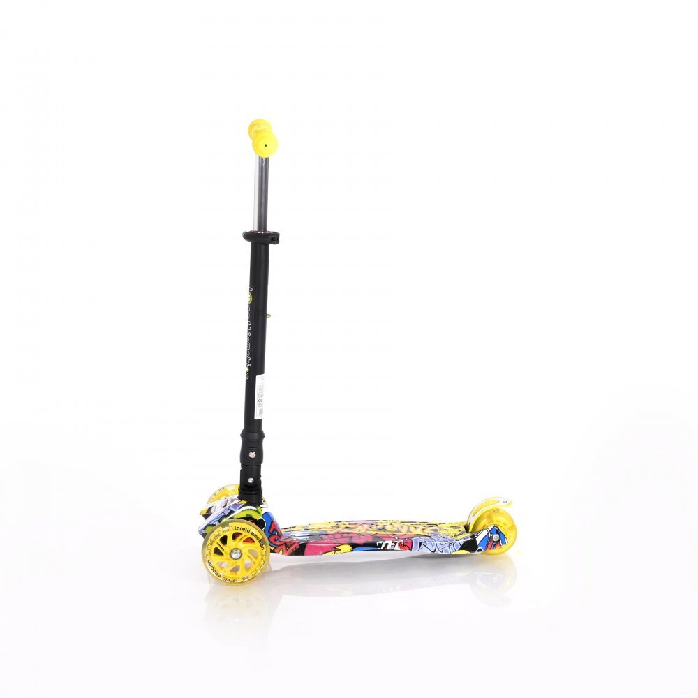 LORELLI Trotineta pentru copii Rapid Yellow Graffiti 4 roti LED ghidon reglabil pliabila greutate suportata 50 kg varsta 5 ani+