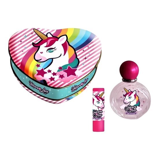 Lorenay Set apa de toaleta si balsam de buze Unicorn Love caseta metalica Heart