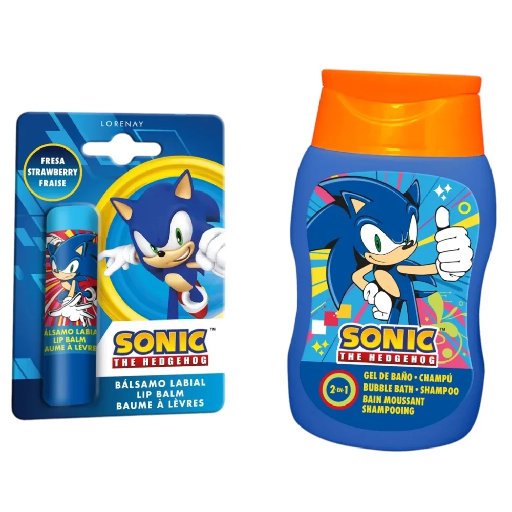Lorenay Set cosmetic pentru baieti Sonic the Hedgehog cu spumant de baie si sampon 200 ml balsam de buze 4 g si borseta Sega