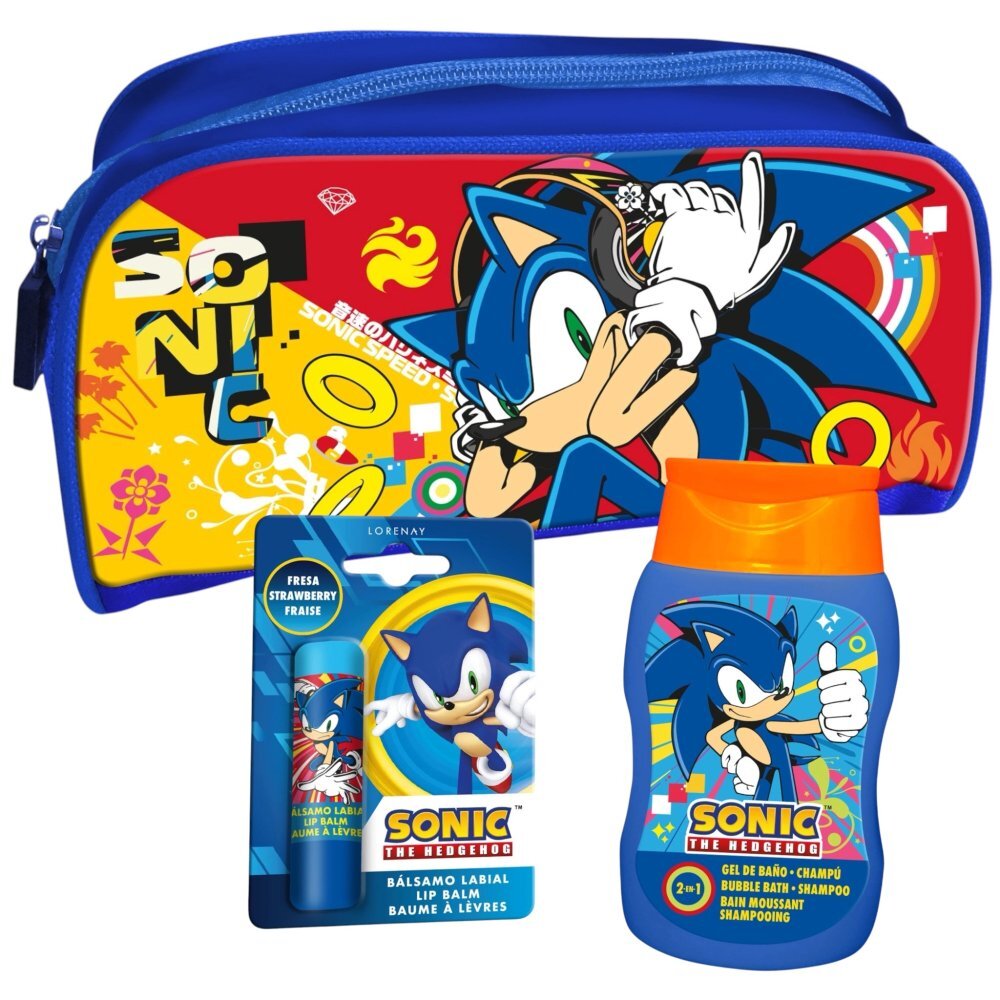 Lorenay Set cosmetic pentru baieti Sonic the Hedgehog cu spumant de baie si sampon 200 ml balsam de buze 4 g si borseta Sega