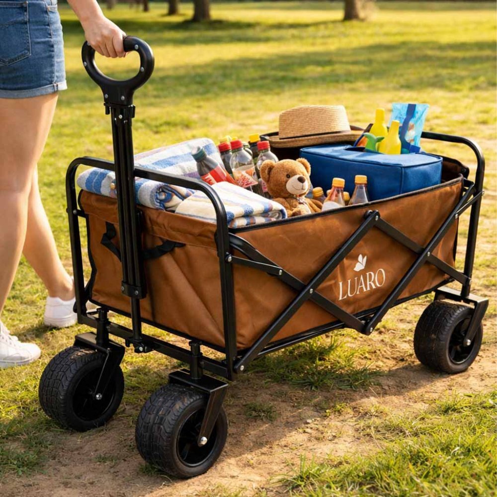 Luaro Carucior de transport universal 2 in 1 Ikonka Brown model pliabil cu maner reglabil sasiu din otel rezistent buzunare exterioare si Masuta de campare inclusa