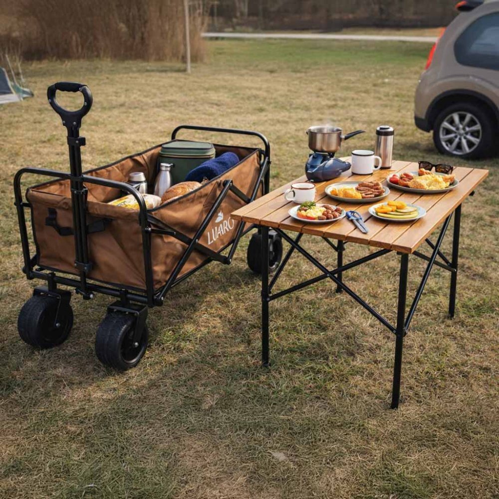 Luaro Carucior de transport universal 2 in 1 Ikonka Brown model pliabil cu maner reglabil sasiu din otel rezistent buzunare exterioare si Masuta de campare inclusa