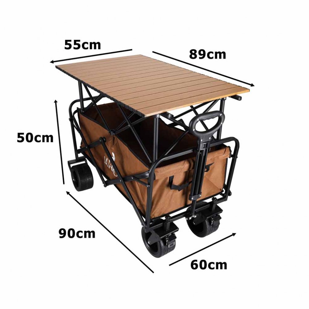 Luaro Carucior de transport universal 2 in 1 Ikonka Brown model pliabil cu maner reglabil sasiu din otel rezistent buzunare exterioare si Masuta de campare inclusa