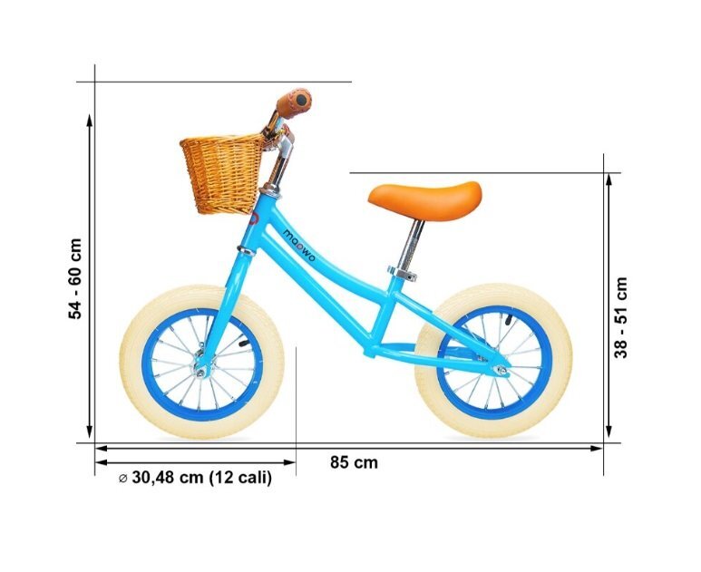 Maawo Bicicleta fara pedale pentru copii roti de 12 inch cu spite si anvelope pneumatice cadru din aliaj de magneziu design ergonomic Saua si ghidonul reglabile sarcina maxima 30 kg Cos impletit din rachita Blue Urban