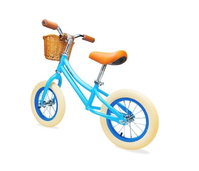 Maawo Bicicleta fara pedale pentru copii roti de 12 inch cu spite si anvelope pneumatice cadru din aliaj de magneziu design ergonomic Saua si ghidonul reglabile sarcina maxima 30 kg Cos impletit din rachita Blue Urban
