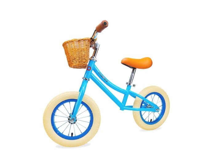 Maawo Bicicleta fara pedale pentru copii roti de 12 inch cu spite si anvelope pneumatice cadru din aliaj de magneziu design ergonomic Saua si ghidonul reglabile sarcina maxima 30 kg Cos impletit din rachita Blue Urban