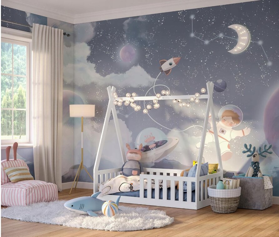 Magic kids Pat pentru copii Tipi alb din lemn design scandinav tip casuta montaj direct pe podea cu somiera 140 x 70 cm