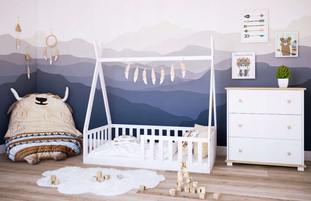 Magic kids Pat pentru copii Tipi alb din lemn design scandinav tip casuta montaj direct pe podea cu somiera 140 x 70 cm