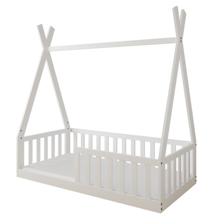 Magic kids Pat pentru copii Tipi alb din lemn design scandinav tip casuta montaj direct pe podea cu somiera 140 x 70 cm