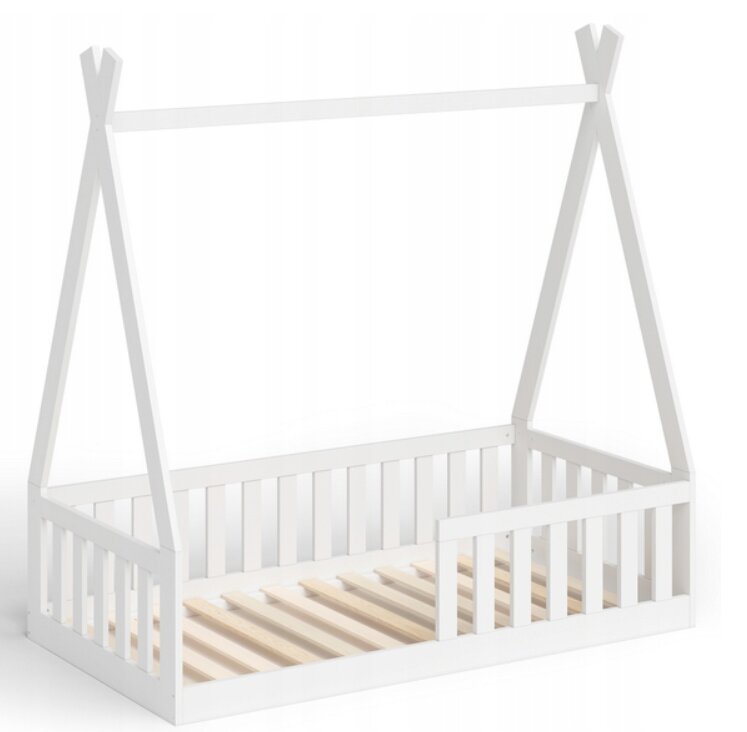 Magic kids Pat pentru copii Tipi alb din lemn design scandinav tip casuta montaj direct pe podea cu somiera 140 x 70 cm