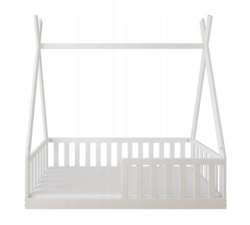 Magic kids Pat pentru copii Tipi alb din lemn design scandinav tip casuta montaj direct pe podea cu somiera 140 x 70 cm