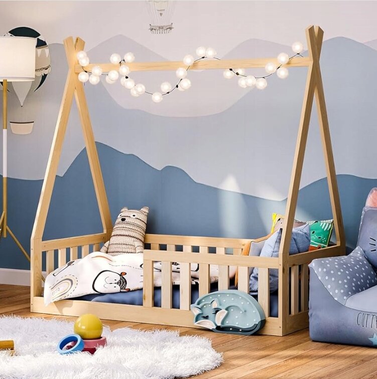 Magic kids Pat pentru copii Tipi Natur din lemn design scandinav tip casuta montaj pe podea cu somiera 140 x 70 cm