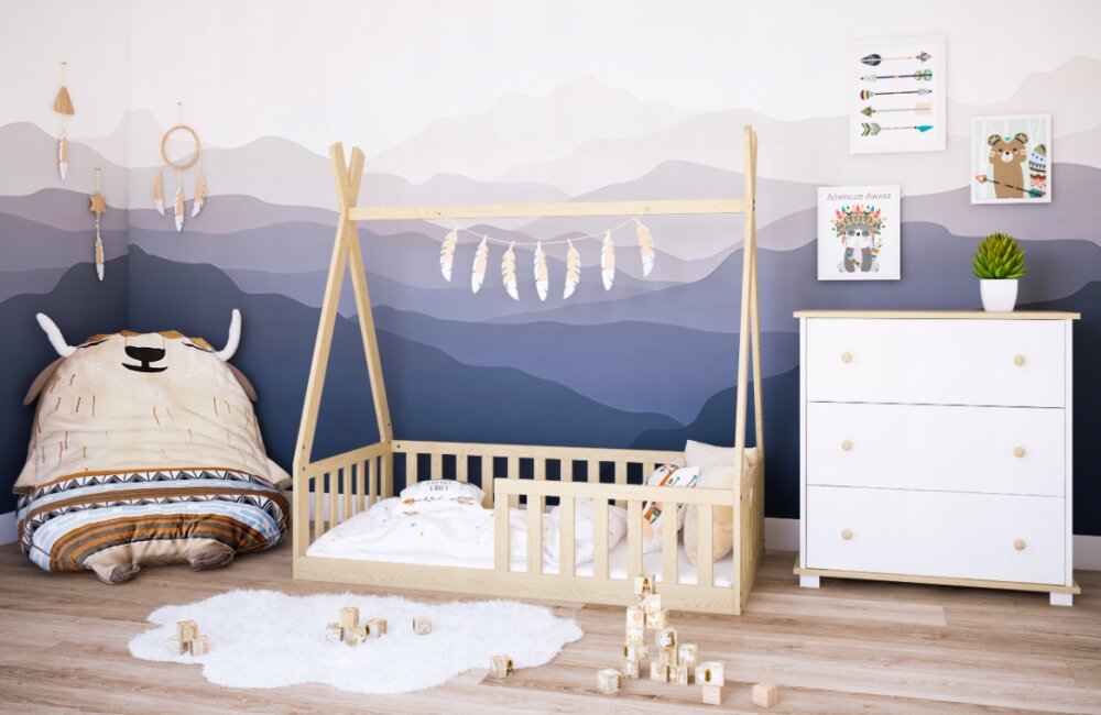 Magic kids Pat pentru copii Tipi Natur din lemn design scandinav tip casuta montaj pe podea cu somiera 140 x 70 cm