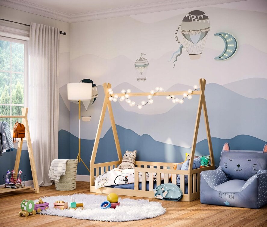 Magic kids Pat pentru copii Tipi Natur din lemn design scandinav tip casuta montaj pe podea cu somiera 140 x 70 cm