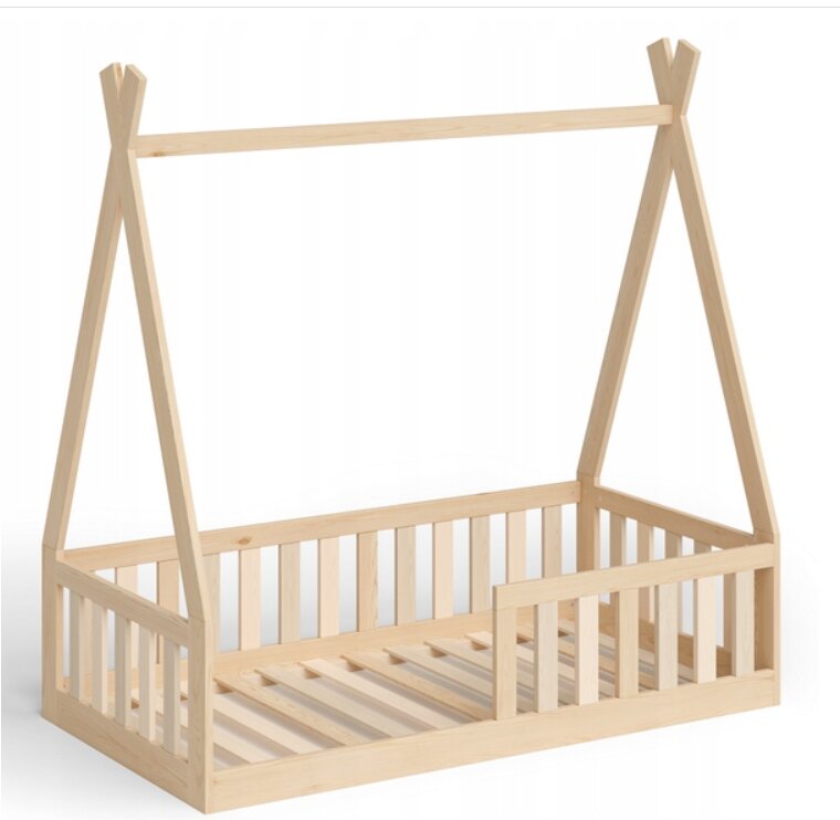 Magic kids Pat pentru copii Tipi Natur din lemn design scandinav tip casuta montaj pe podea cu somiera 140 x 70 cm