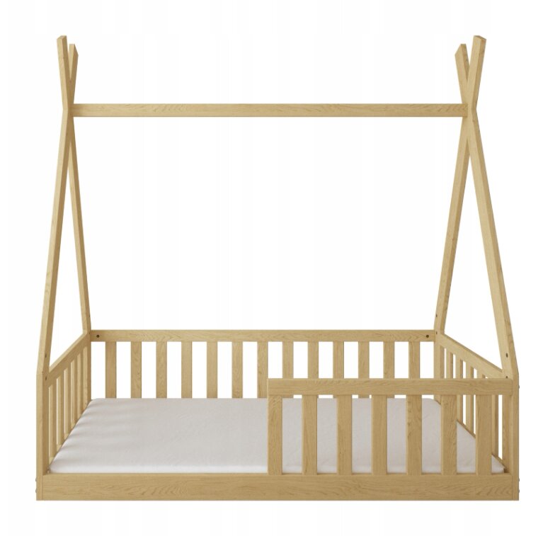 Magic kids Pat pentru copii Tipi Natur din lemn design scandinav tip casuta montaj pe podea cu somiera 140 x 70 cm
