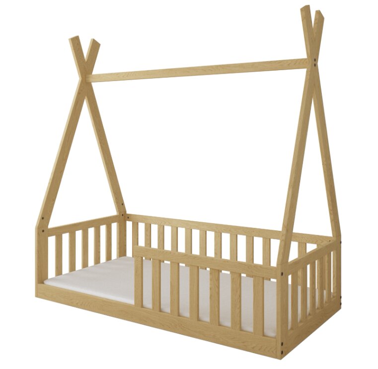 Magic kids Pat pentru copii Tipi Natur din lemn design scandinav tip casuta montaj pe podea cu somiera 140 x 70 cm