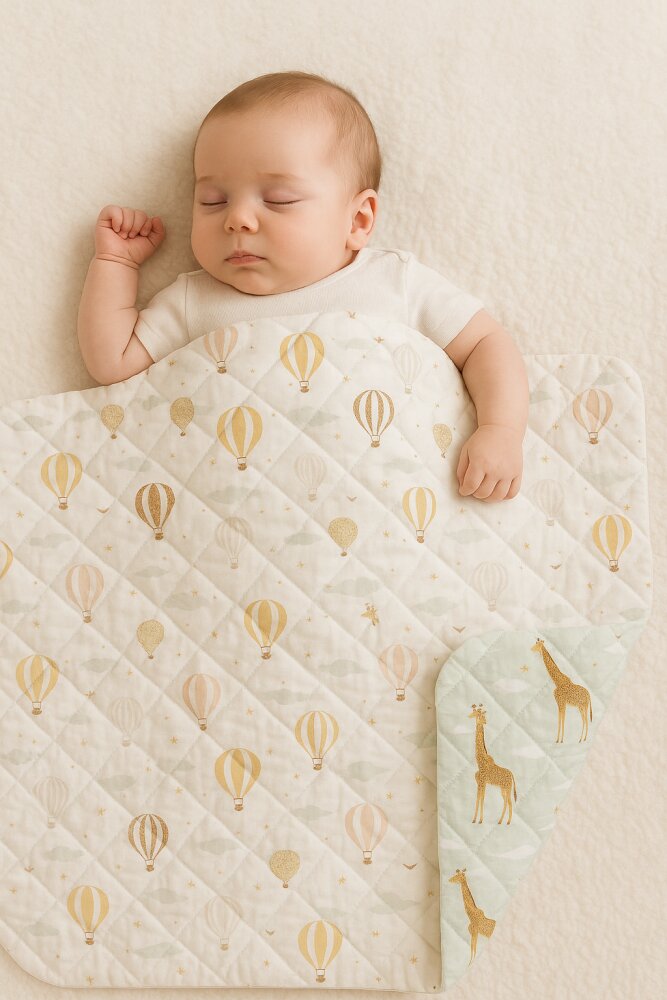 Magic kids Paturica handmade matlasata din bumbac premium cu fata dubla Giraffe Head in Clouds 135x100 cm