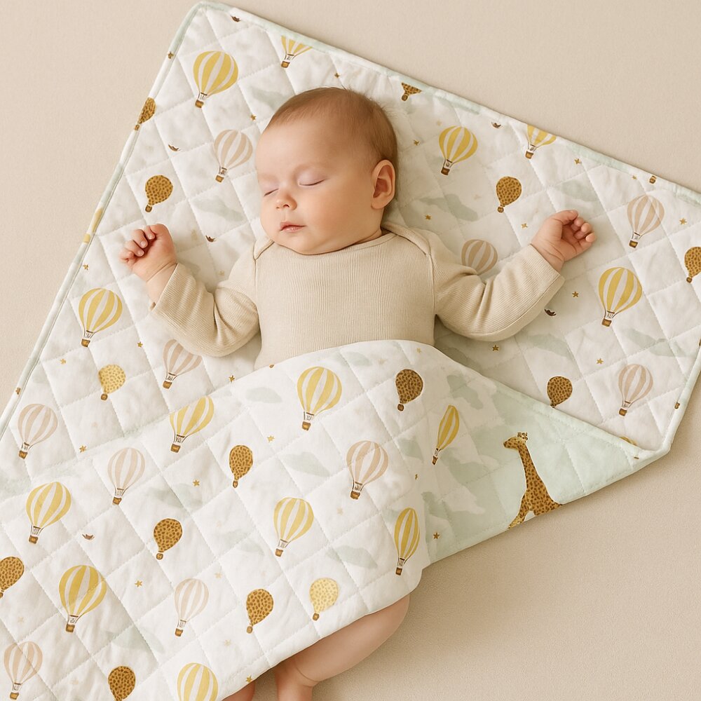 Magic kids Paturica handmade matlasata din bumbac premium cu fata dubla Giraffe Head in Clouds 135x100 cm